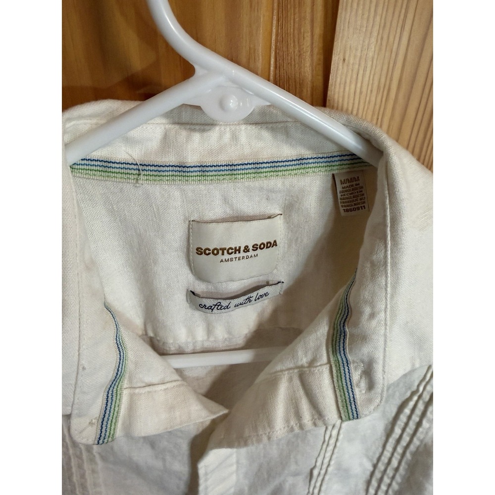 Scotch & Soda Amsterdam Mens M Linen Shirt White Short Sleeve Pintuck Guayabera